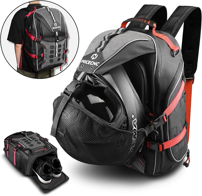 NICECNC Motorcycle Helmet Backpack 35L Large Capacity Motorcycle Helmet Bag, Universal Motorcycle Riding Backpacks for Men Motorcycle Lugguge Storage Bag with Hidden Net, Red
