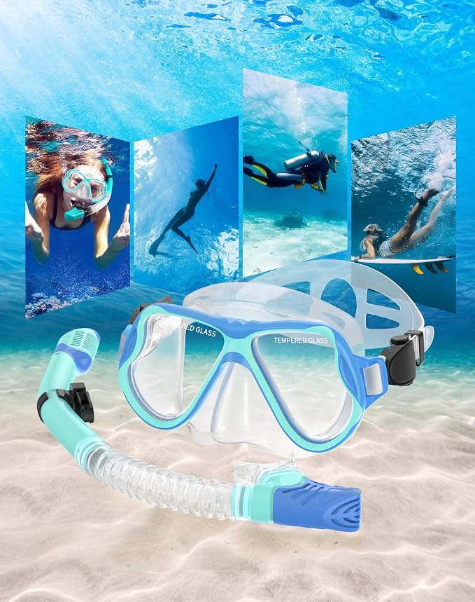 Greatever Snorkeling Gear for Adults, Dry Snorkel Set Panoramic View Snorkel Mask, Anti-Leak Anti-Fog Scuba Diving Swimming Mask with Adjustable Strap and Travel Mesh Bag