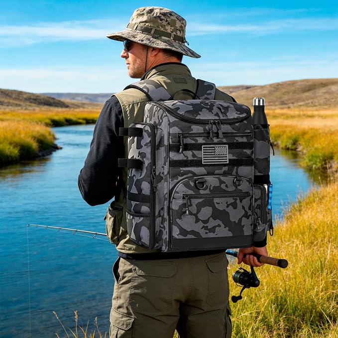 40L Fishing Backpack Water Resistant Fishing Tackle Bag with 2 Rod Holders, Tackle Storage Bag for Anglers(Black camo,Bag Only