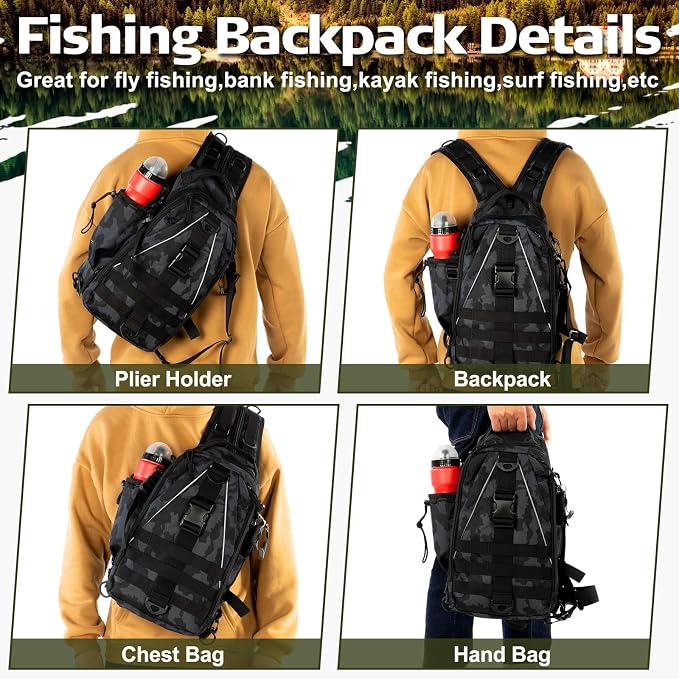 RoundFunny 85 Pcs Fishing Backpack with Tackle Boxes, Tackle Sling Bag with Rod Holder, Fish Lures and Pliers, Fish Tools Gears & Equipment Father's Day Fishing Gift for Dad Men