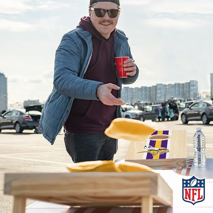 NFL Football Portable Size 1' x 2' Solid Wood Cornhole Set with Direct Print HD Team Graphics – Travel Size
