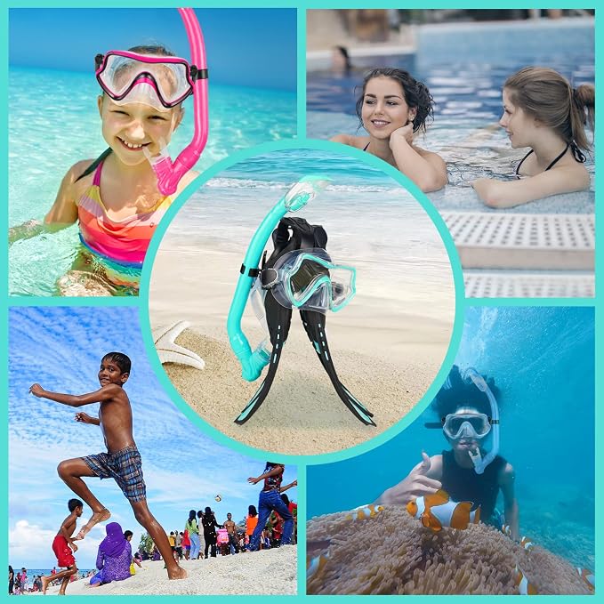 Kids Snorkeling Set - Adjustable Flippers + Panoramic Snorkel Mask + Dry Snorkel Tube + Travel Bags - Suitable for Kids & Juniors, Age 5-14