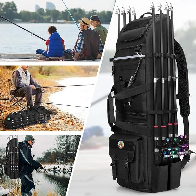 Rexmica Fishing Rod Bag Backpack Holds 8 Rods & Reels, Fishing Tackle Bag with Compartment for Tackle Boxes, Fishing Gear or Equipment, Fishing Pole Carrying Bag with Tactical Molle System