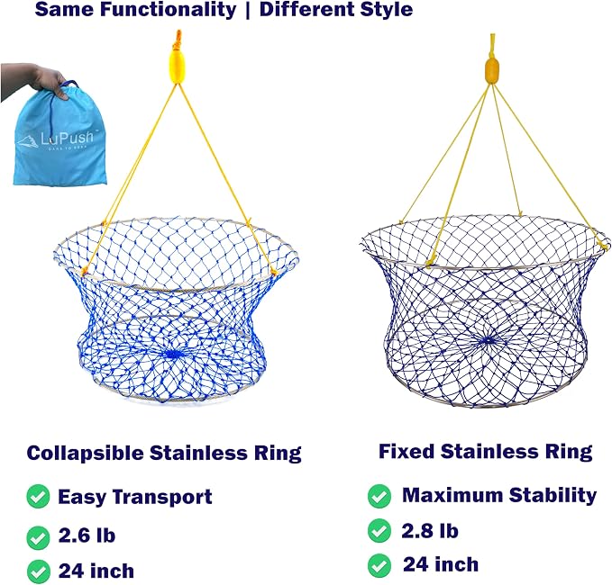 Stainless Collapsible Crab Net with 100ft Rope, Bait Bag, Clip & Ruler – 6 Pieces Portable Crab Trap for Easy Storage – Durable Grid Design for Dock & Pier Crabbing