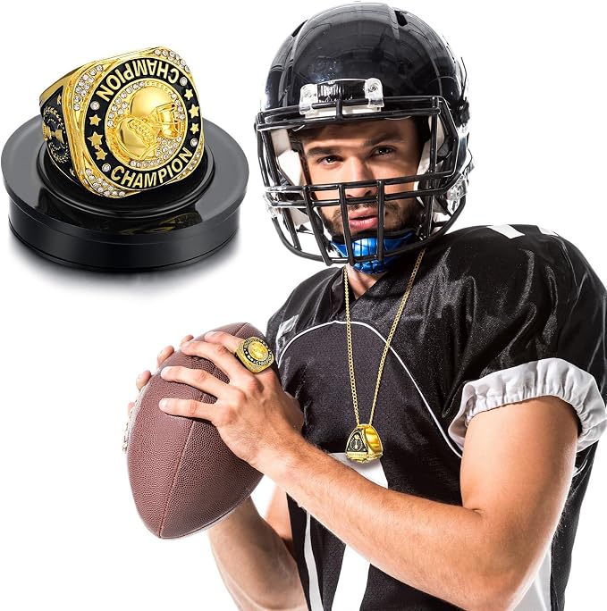 Highergo 1 PC Champion Mvp Rings Baseball Soccer Basketball Volleyball Football Softball Trophy Ring with Display Stand and Neck Chain Size 11 for Winner Tournament Award Gift(Baseball)