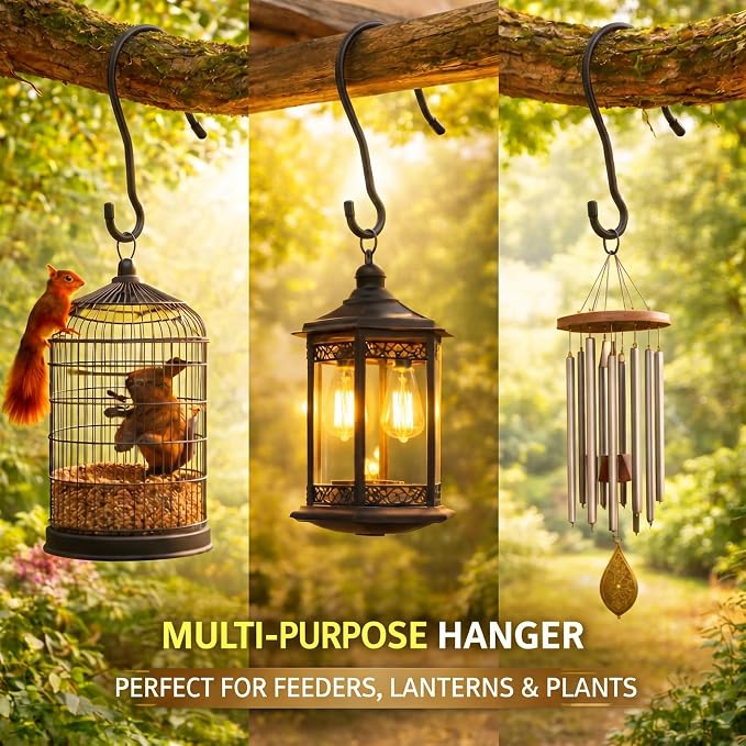 Therwen 4 Pcs 12 Inch Tree Branch S Hook Heavy Duty Extra Large 1/4" Steel Metal Outside Tree Hanger for Hanging Bird Feeder, Plant, Wind Chime, Lantern, Wreath, with Vinyl End Cap, 35 Lbs Capacity