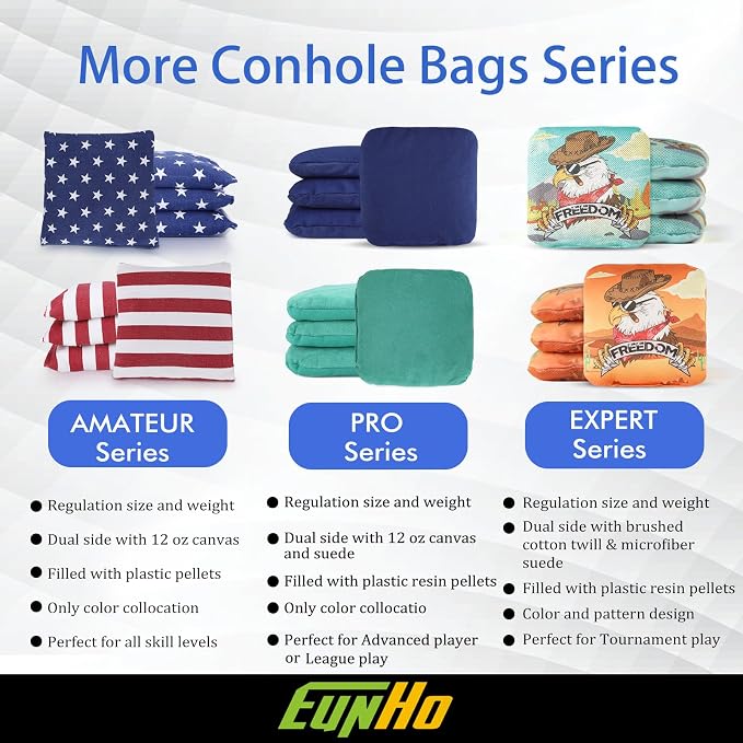 EunHo Regulation Cornhole Bags Set of 8 - Dual Sided Slick and Stick Cornhole Bean Bags for Tossing Game Professional All Weather Pro Corn Hole Bags with Tote Bag