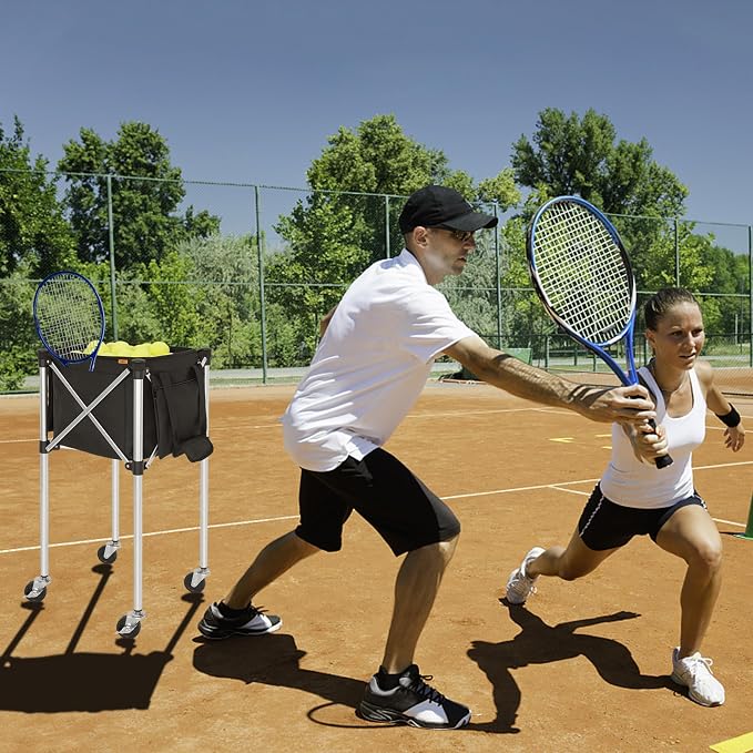 Foldable Tennis Ball Cart Holds 180 Balls Wheeled Tennis Ball Hopper Sports Teaching Carts with Storage Bag, Light Auminum Alloy