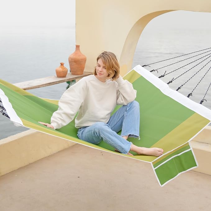 GAFETE 14ft 2 Person Hammock for Outside, Quick Dry Textilene, Portable Hammocks Without Stand with Folding Steel Spreader Bar, Carrying Bag, Tree Straps, Pillow & Sidebag, 550 lbs Capacity (Green)