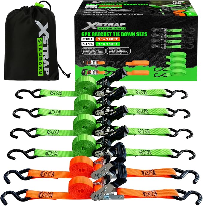XSTRAP STANDARD 6-Pack Ratchet Tie Down Straps Set - 1 Inch 4 x 14ft & 2 x 10ft Tie-Down, 3300 lbs Break Strength Heavy Duty Cargo Straps with Coated S-Hooks for Moving, Motorcycle, Truck, Trailer