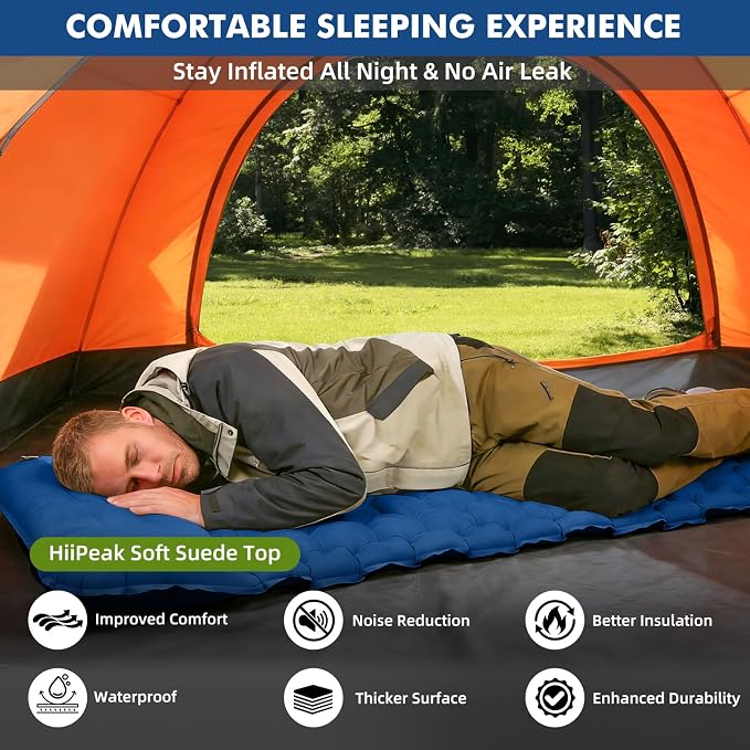 HiiPeak Camping Sleeping Pad, Suede Top Camping Mat with Pillow, Built-in Foot Pump Inflatable Sleeping Pads Compact for Camping Backpacking Hiking Traveling Tent