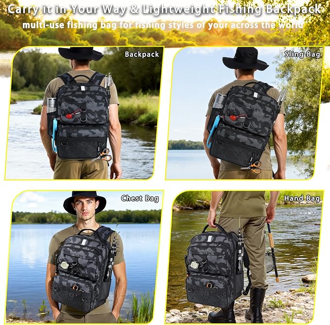 Fishing Backpack with Tackle Boxes and Rod Holder, 24L Fishing Sling Bag with Fishing Lures Kit, Fishing Gear Bag Gifts for Men Women - Black Camo Backpack