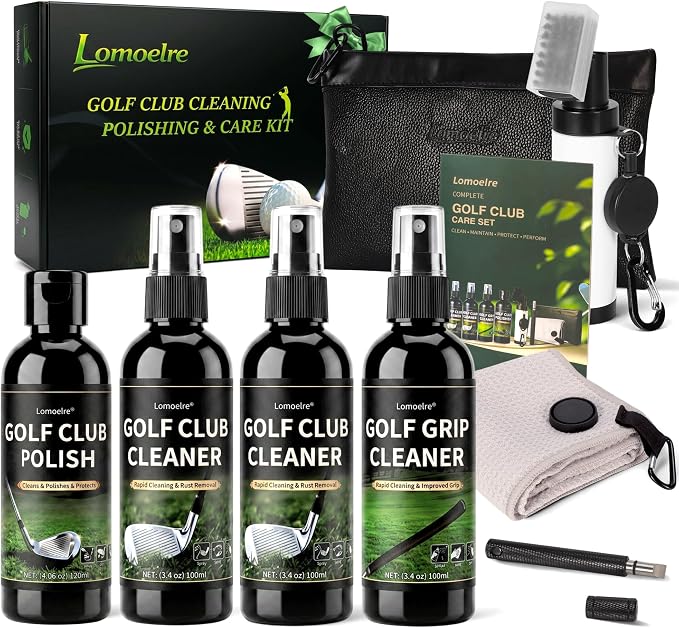 Pro Golf Club Care Kit – Clean, Polish, and Restore Irons, Drivers, Putters, Includes Grip Cleaner, Club Cleaner, Club Polish, Brush, Towel, Groove Sharpener, Essentials Golf Accessories for Men Gifts