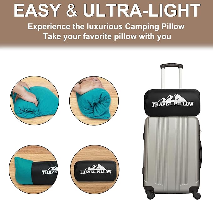 Travel Pillow Compressible Camping Memory Foam Pillow - Dark Grey M Size and Turquoise Blue M Size, Ideal Backpacking, Airplane and Car