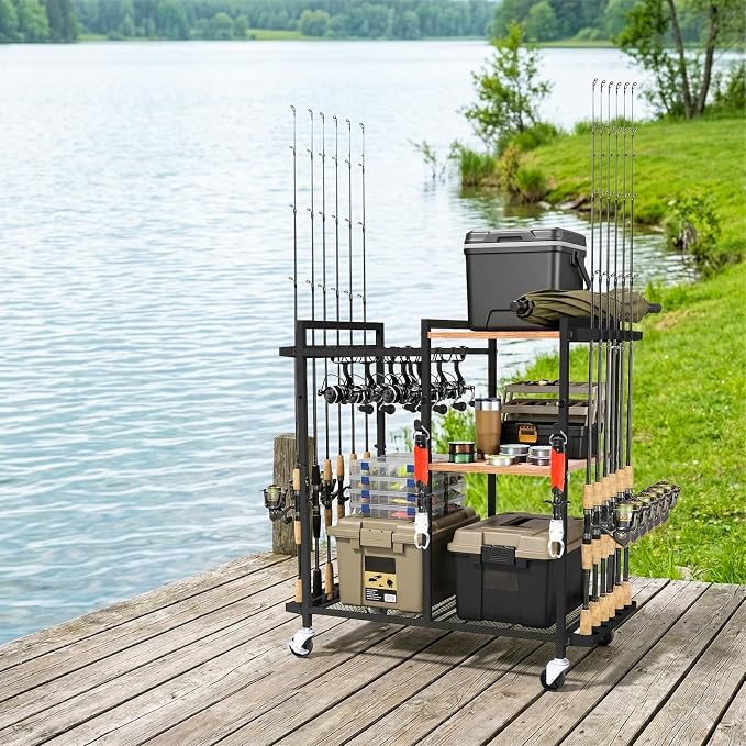 Fishing Rod Holders for Garage,Fishing Rod Rack Storage up to 12 Rods,3 Tier Adjust Heavy Duty Metal Fish Pole Stand Organizer with reel seat for Fishing Gear and Equipment Accessories
