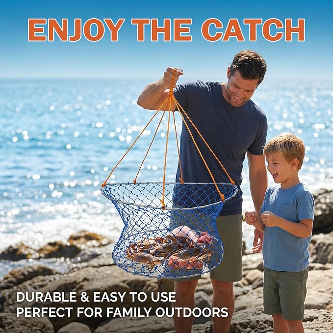 Collapsible Crab Trap Foldable Double Ring Crab Trap,Stainless Steel Ring Crabs Net Portable Crabbing net Set for Easy Storage with 100ft Rope,Bait Bag, Clip,Gauge for Dungeness, Rock and Blue Crabs