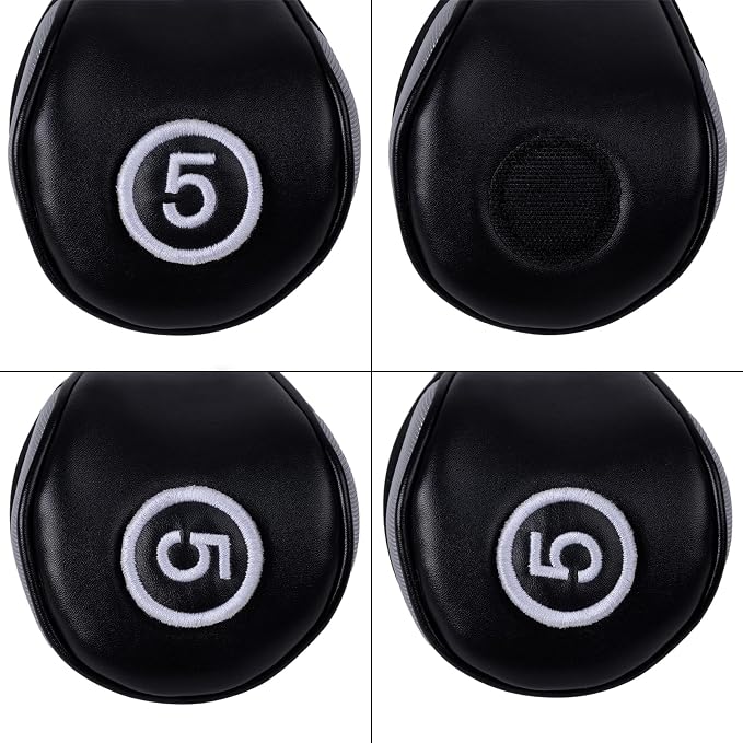 Andux 3pcs/Set PU Golf Wood Club Head Covers with Long Neck | for 460cc Driver Fairway Wood Club with Hook & Loop No. Tags Coloured Piping Pull-On Closure