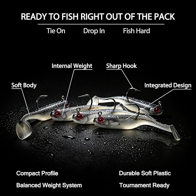Soft Fishing Lures Shad Minnow Swimbaits, Pre-Rigged Jig Heads Paddle Tail Swim Baits for Bass, Trout, Walleye, Crappie, Sinking Jigs Bait for Saltwater Freshwater, Fishing Gifts for Men