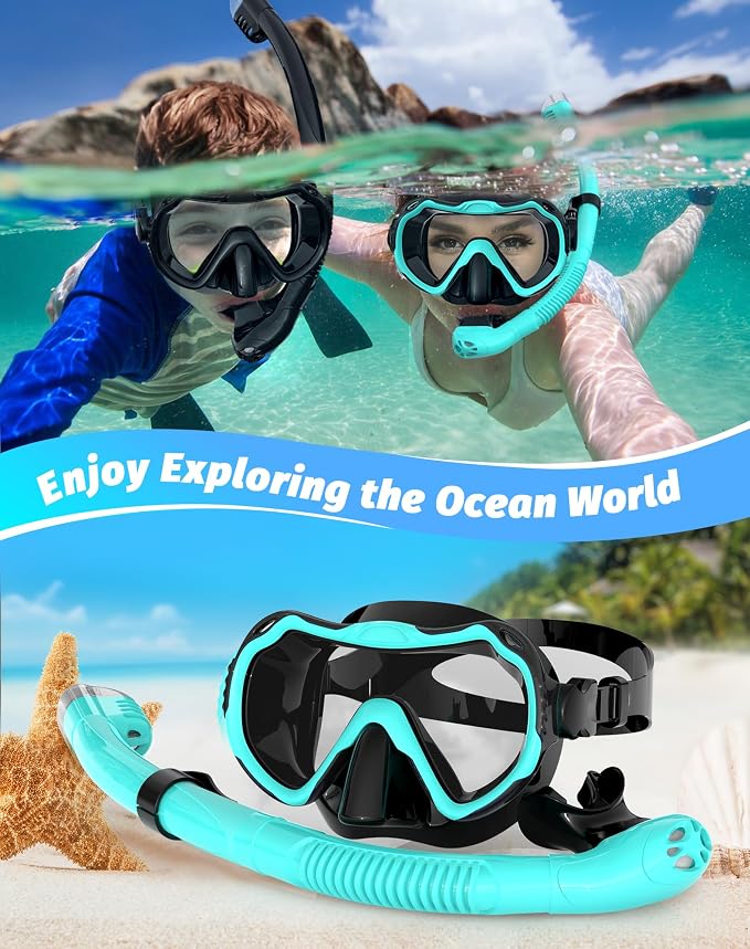Snorkeling Gear for Adults, Snorkel Mask Set 180° Panoramic View Snorkel Gear, 100% Food-Grade Silicone Anti-Fog Anti-Leak Dry Top Diving Mask for Snorkeling Swimming Scuba Diving