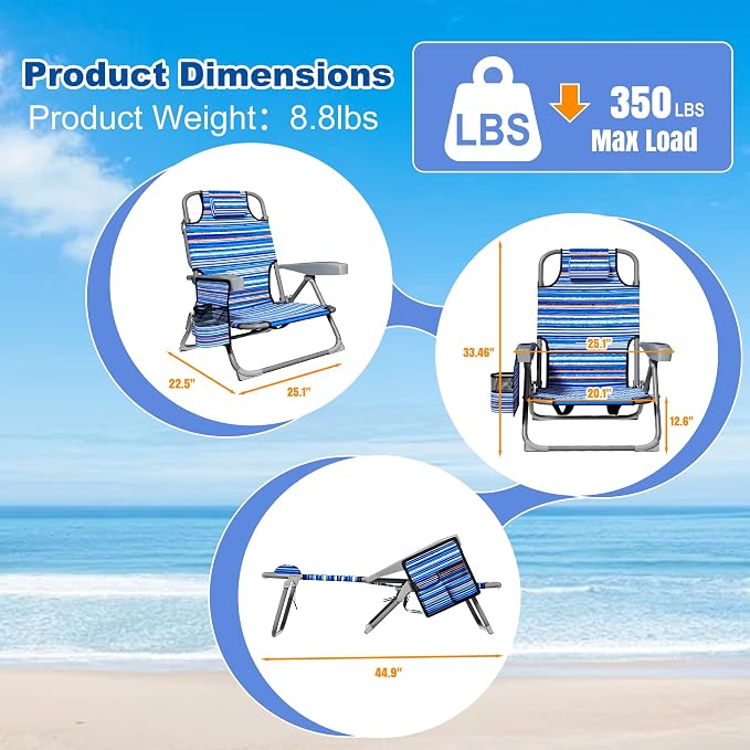 DIAMONDFORGE Lightweight Portable Beach Chair for Adults, 350 LBS Capacity Backpack Beach Chair, Reclining Beach Chair with 5-Position Lay Flat, Large Cup Holder for Beach Camping Sports, 1 Pack