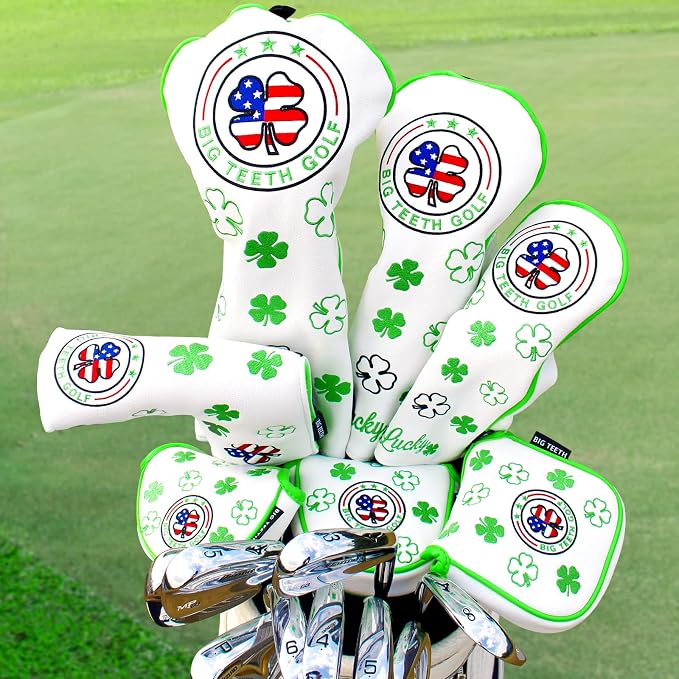 Big Teeth Golf Cover Lucky Clover Headcover Covers, Driver Fairway Wood Hybrid Headcovers Fits Blade Mallet Putter Iron and Woods with Magnetic White Shamrock Head Club Protector Leather