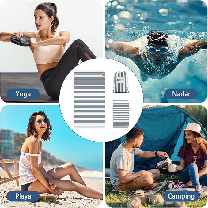 2-Pack Microfiber Beach Towels Set (63"x31.5" + 31.5"x16") | Oversized Quick Dry Sand Free Travel Towel for Beach Pool Gym Camping (Grey Towel A)