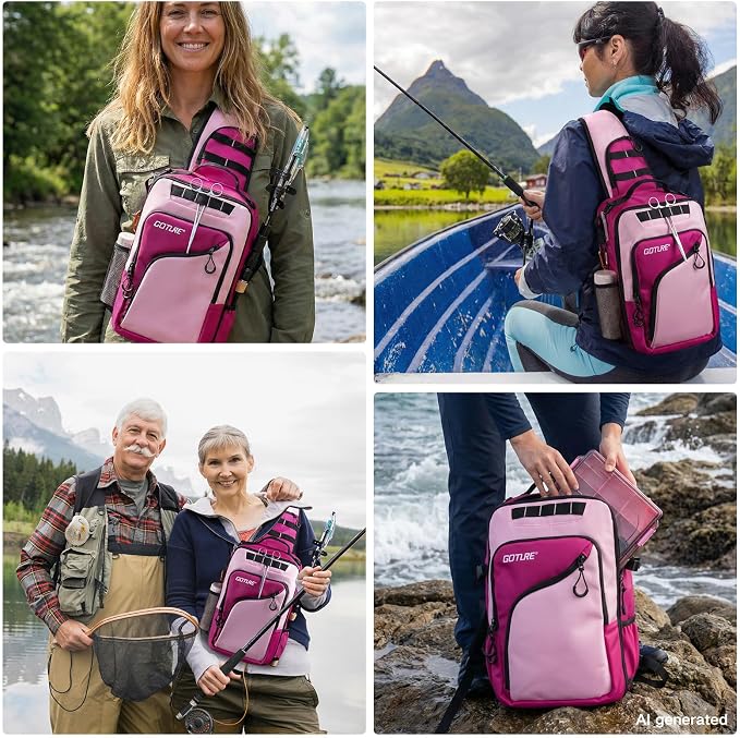 Goture Pink Fishing Tackle Bag, 1680D Water-Resistant Sling Fishing Backpack with Rod Holder, Anti-Slip Waist Strap, Trays not included, Fishing Gifts for Women Girls