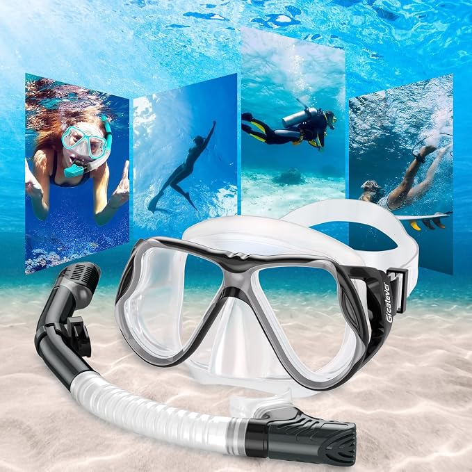 Greatever Dry Snorkel Set,Panoramic Wide View Anti-Fog Scuba Diving Mask,Professional Snorkeling Gear for Adults Kids