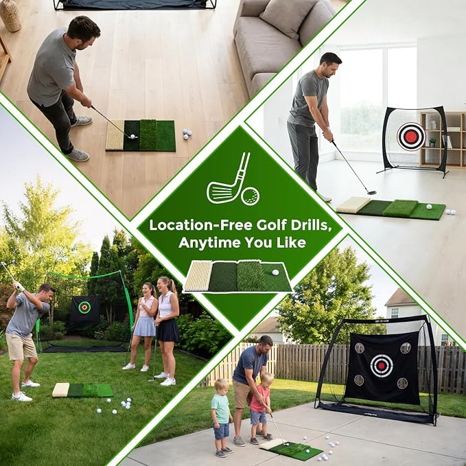 4-in-1 Foldable Heavy-Duty Golf Hitting Mat, Sand & Tee Turf, Anti-Slip Backing,for Swing/Chip/Putting Practice,Golf Practice Mat with Golf Mat Tees