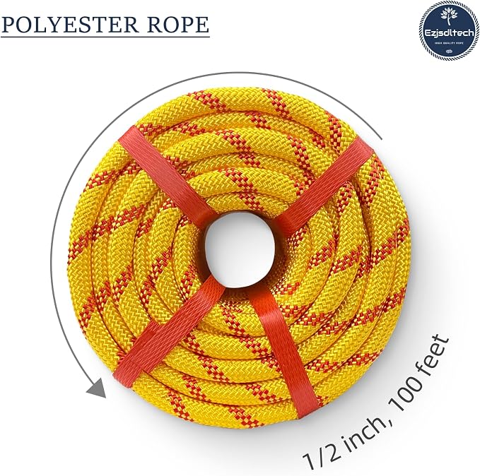 1/2 in x 100 ft Polyester Arborist Rigging Rope, Yellow Braided Tree Climbing Rope 48 Strands for Farm Work and Swinging