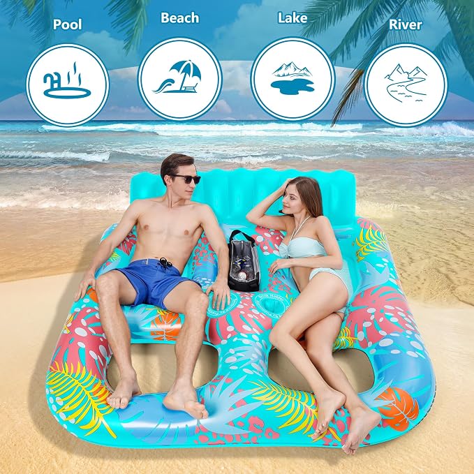 2-Person Inflatable Pool Floats Adult Heavy Duty, 71" x 61" Pool Lounger Float with Cup Holders & Backrest & Removable Insulated Cooler, Thickened Swimming Raft for Pool Party, Lake, Beach, River