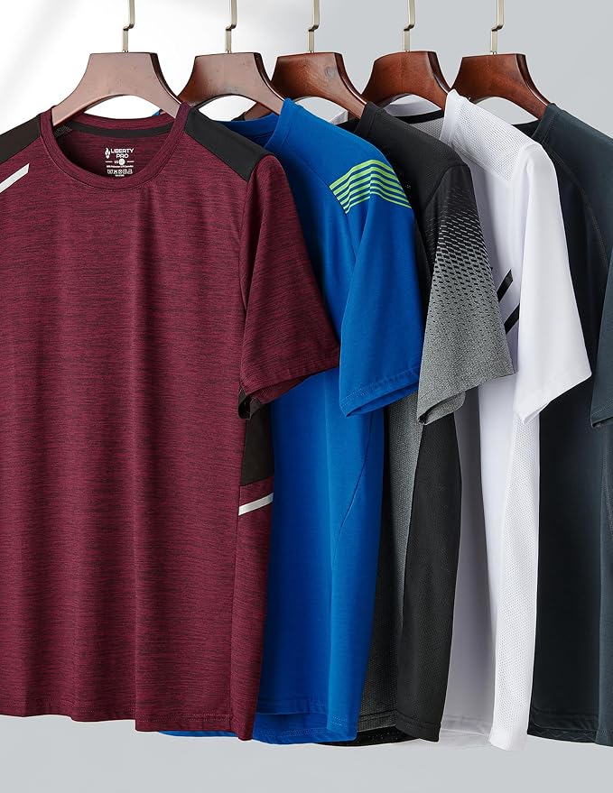 5 Pack Men’s Active Quick Dry Crew Neck T Shirts | Athletic Running Gym Workout Short Sleeve Tee Tops Bulk