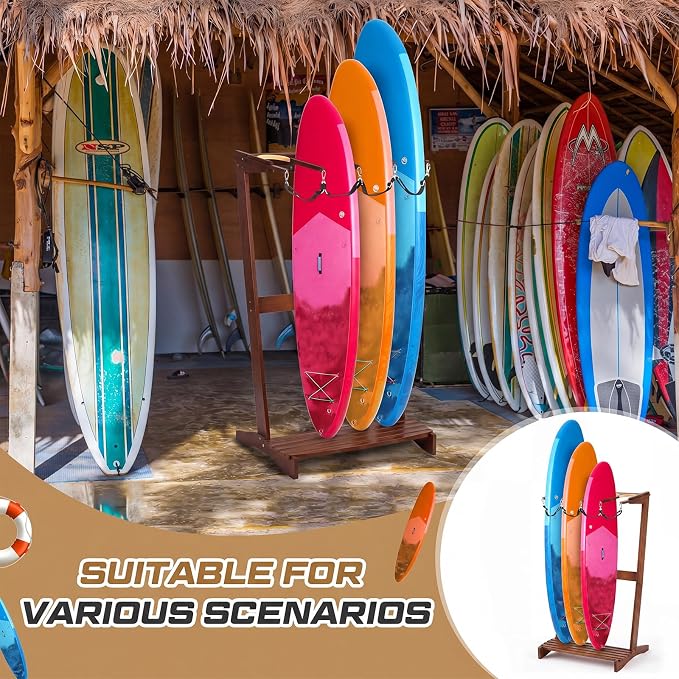 CroBlissful Surfboard Rack Freestanding Vertical Surf Board Stand for 4 Boards Bamboo Display Rack for Shortboard, Snowboard, Skateboard, Ski and Wakeboard