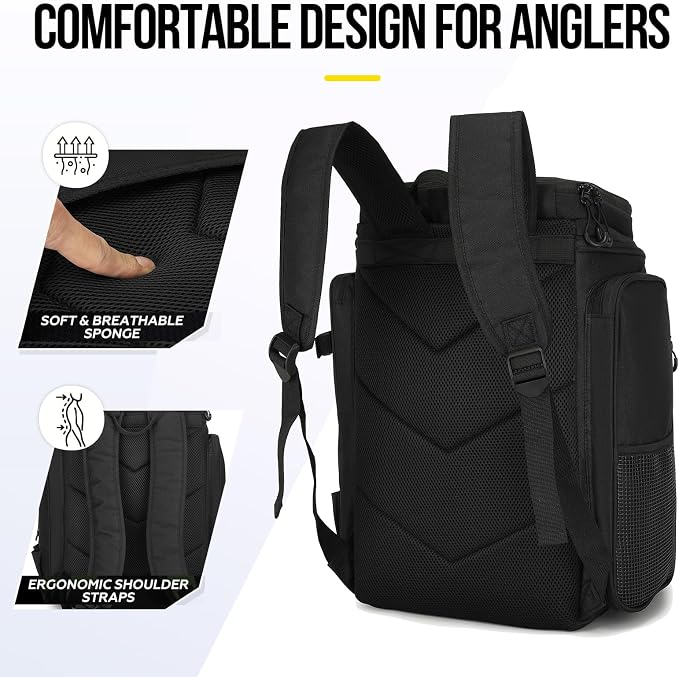 Fishing Backpack with Rod Holder, Durable Waterproof Fishing Bag, 42L Large Capacity Tackle Box Backpack (Black)