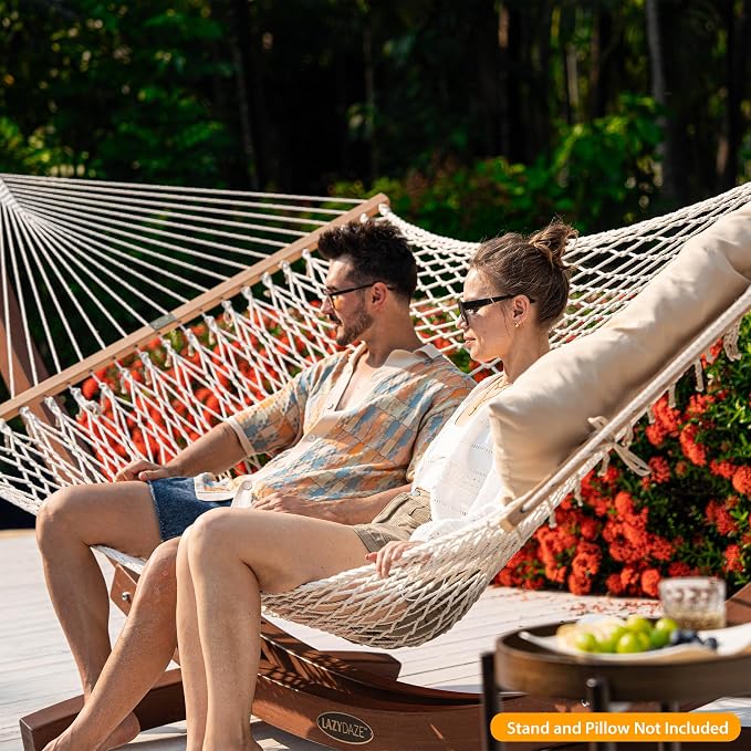 Lazy Daze Hammocks 13-FT Polyester Rope Hammock, Double 2 Person Traditional Hand Woven Outdoor Hammock with Spreader Bar, Carabiners, Tree Straps, Chains for Outside Patio- Max 450 Lbs, Natural