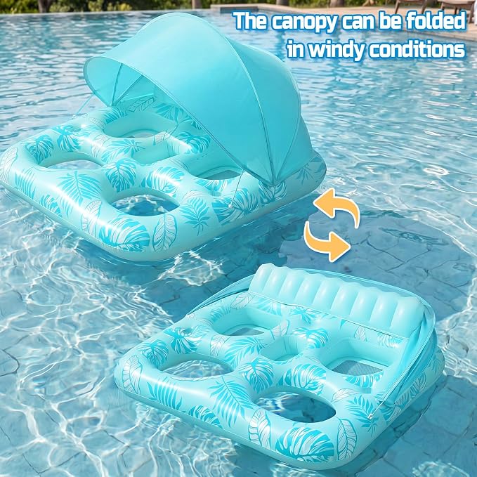 Chumia Pool Floats with Canopy for Adult, UPF50+ 1-2-3 Person Inflatable Floats with Sun Shade Backrest Footrest and Cup Holder Heavy Duty for Pool Lake River Beach Ocean Summer Party Supply