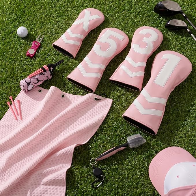 16 Pcs Golf Accessories Kit, 4 Pcs Leather Golf Club Headcovers for Woods, Drivers & Hybrids with Magnetic Ball Marker, Tees & Cleaning Brush Set for Men & Women