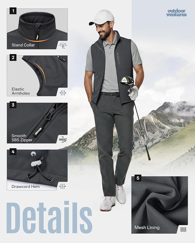 Outdoor Ventures Men's Windproof Softshell Vest Outerwear Lightweight Sleeveless Jacket for Running Golf Hiking Travel