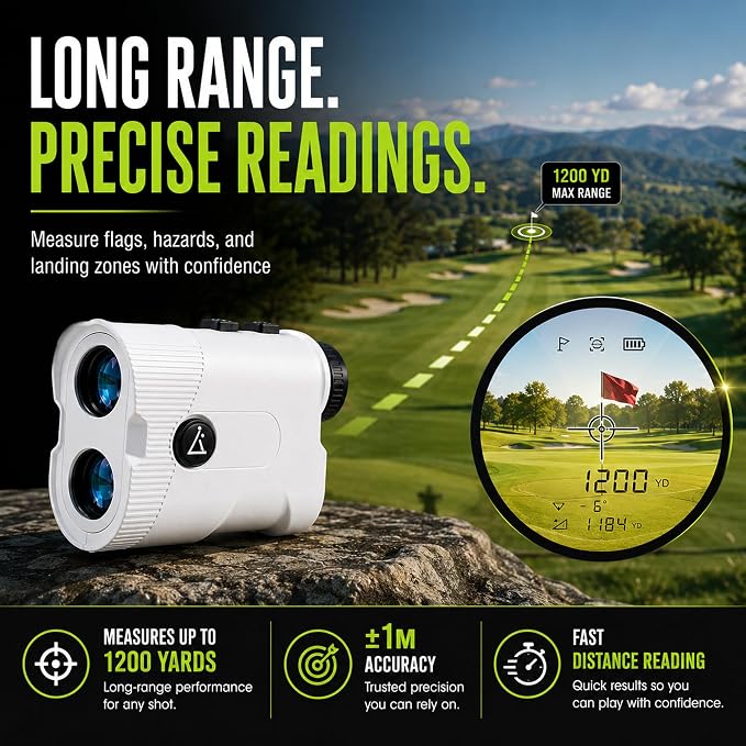Lunai Golf Rangefinder with Slope, 1200-Yard Distance Finder | 7X magnification, flag lock vibration, magnetic strip, splash-proof body, USB-C charging, ±1M accuracy