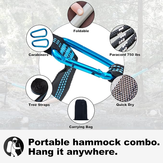 GAFETE 14ft 2 Person Hammock for Outside, Quick Dry Textilene, Portable Hammocks Without Stand with Folding Steel Spreader Bar, Carrying Bag, Tree Straps & Sidebag, 550 lbs Capacity (Black White)