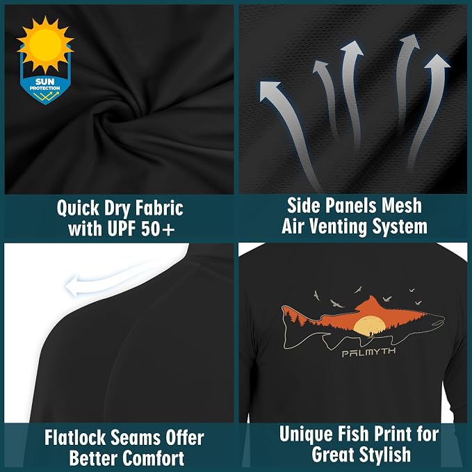 Palmyth Fishing Hoodie for Men Long Sleeve Sun Protection UV UPF 50+ Shirts | Hidden Zipper Pocket, Thumb Loops, Quick-Dry, Side Mesh Panels, Lens Cleaning Cloth, 4-Way Stretch