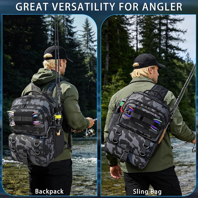 Fishing Backpack with Tackle Boxes,Fishing Sling Tackle Bag with Rod Holder Waterproof Fishing Bag with Fishing Gear, Fishing Gifts for Men Women Gear Combo Kit,Camouflage Gray
