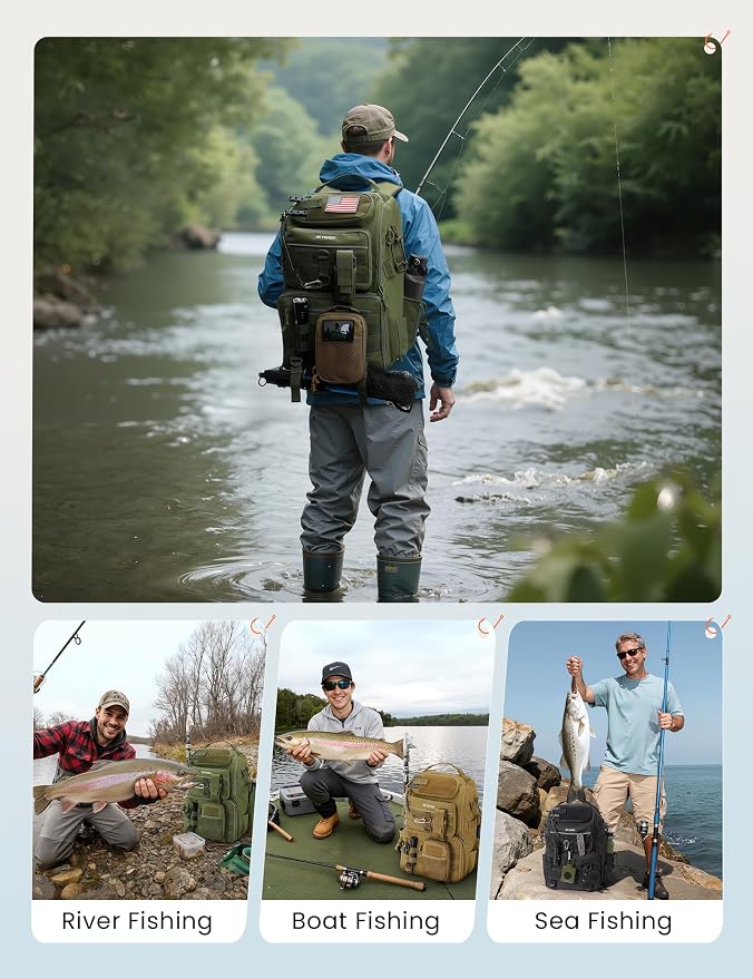 SKYSPER Tackle Backpack Fishing Bags with Rod Holder, 40L Water-Resistant Tackle Box Storage Bag for Fishing Gear Lures(Khaki)