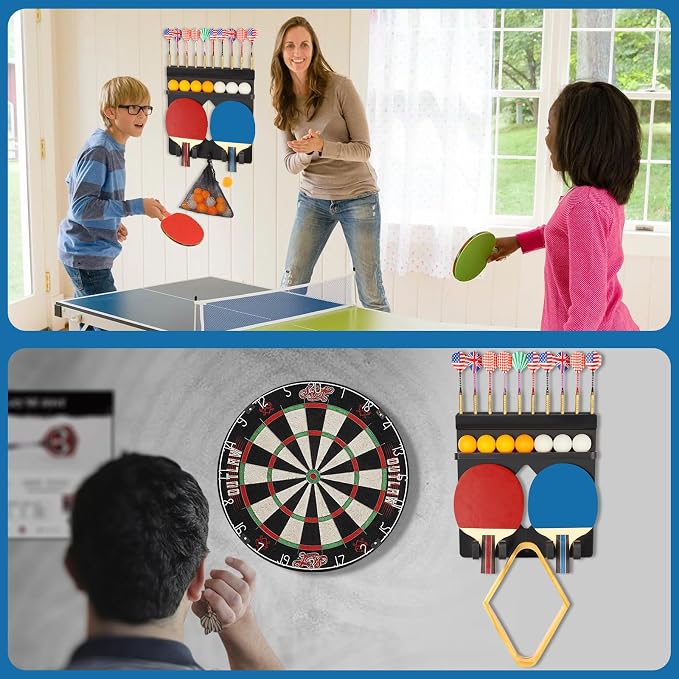 Ping Pong Paddle Holder Wall Mount Hold 8 Paddles, Ping Pong Rack Dart Holder 2-in-1, 100% Solid Wood Table Tennis Organizer, Black