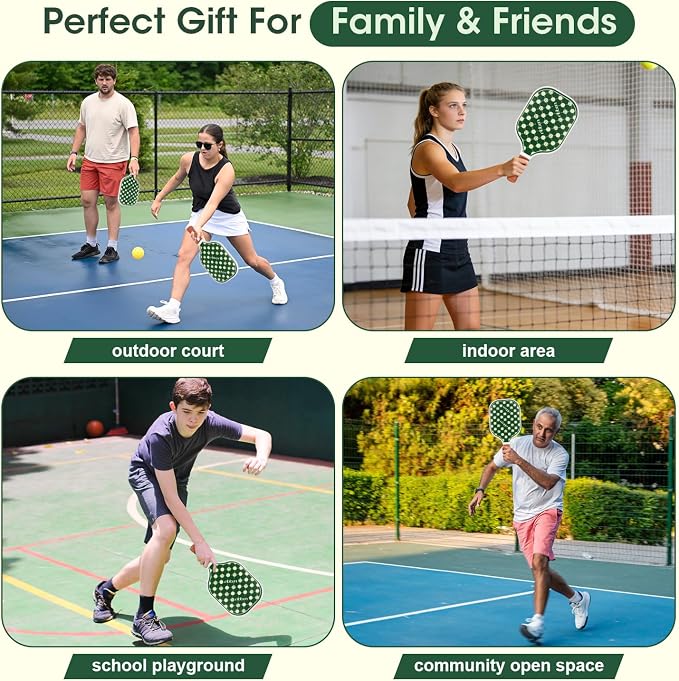 Fiberglass Pickleball Paddles Set of 2, Lightweight Pickle Ball Rackets Kit with Honeycomb Core Control Durable, 4 Outdoor Indoor Balls and Carrying Bag for Men Women