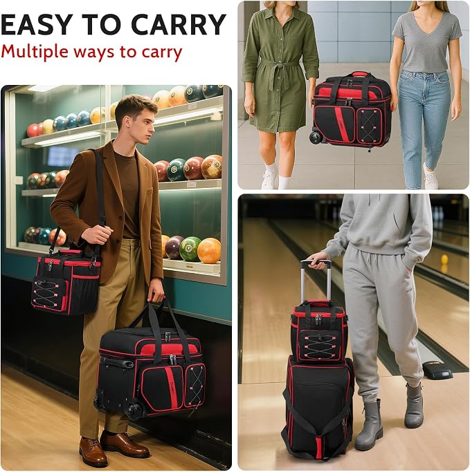 BOSSTIN 3 Ball Bowling Bag with Wheels, 2 Ball Bowling Bags Double roller with 1 Ball Add On Bag, Multi-Pockets & Shoe Compartment (Fits Up to Size 15)