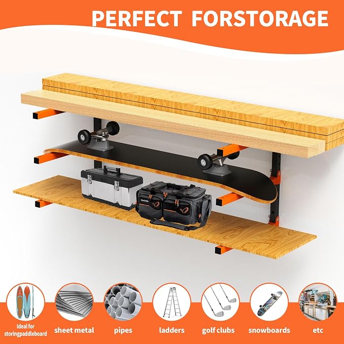 Homydom Heavy Duty Wall Mounted Lumber Storage Rack, 3-Level, 4 Pack Metal Garage Shelving System for Wood, Pipes & Skis, 300 Lbs Capacity Organizer Bracket (Black/Orange)