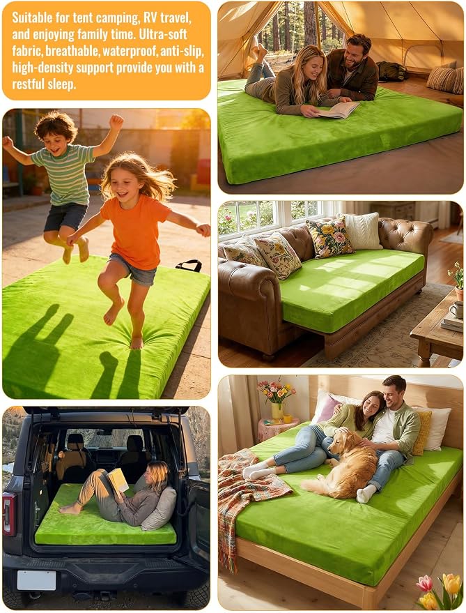 Memory Foam Camping Mattress Pad, Ventilated Breathable Design CertiPUR-US & Oeko-TEX Certified Sleeping Pad Waterproof 3inch Non-Slip Portable Sleeping Camping Mat with Storage Bag for Car Travel