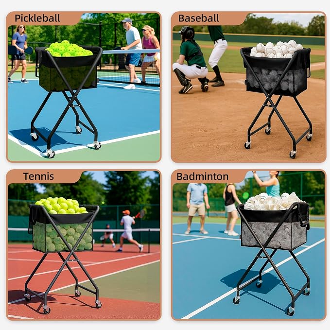 STORAGE MANIAC Foldable Tennis Ball Hopper Cart with Removable Ball Bag | Oxford & PVC Liner with Steel Frame, Holds 150 Balls, Portable Rolling Pickleball Training Cart, 20.7"L x 17.9"W x 35.8"H