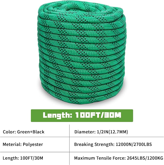 1/2 Inch 100ft Double Braided Polyester Arborist Rope, Heavy Duty Nylon Rope for Anchor, Tree Work, Cargo, Pulling, Sailing (Green)